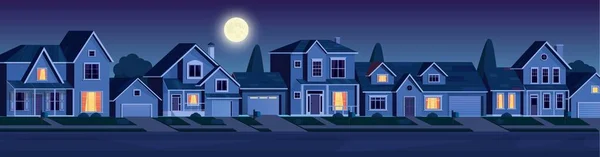Ulice na předměstí s domy v noci — Stockový vektor