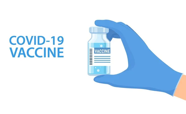 Hand in Hand hält Flasche mit Impfstoff. — Stockvektor