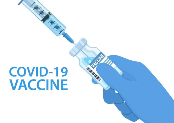 Covid-19 Coronavirus Impfflasche und Spritze in den Händen des Arztes. — Stockvektor