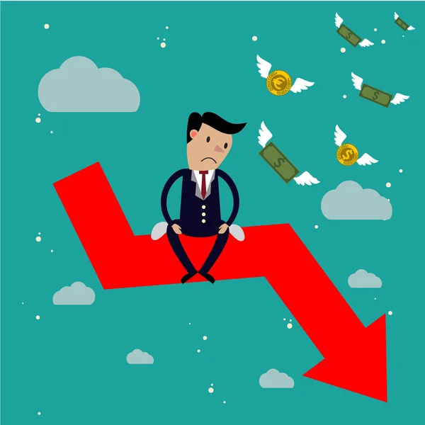 Businessman sit on arrow stock market crash, — Stock Vector