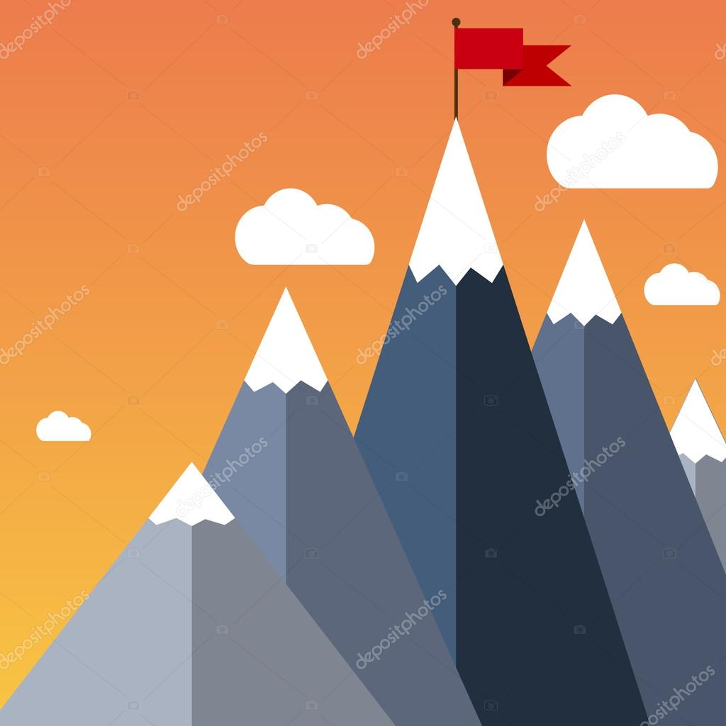 Vector flat flag on mountain. Success illustration. Goal achievement. Business concept. Winning of competition or triumph design.