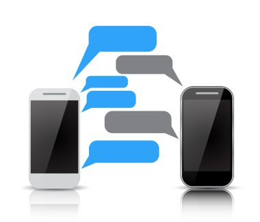 Boş konuşma balonları üstünde belgili tanımlık perde ile iki akıllı telefonlar. 