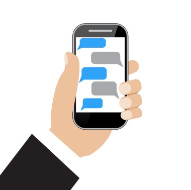 Boş konuşma balonları ile siyah smartphone koşullarının el 