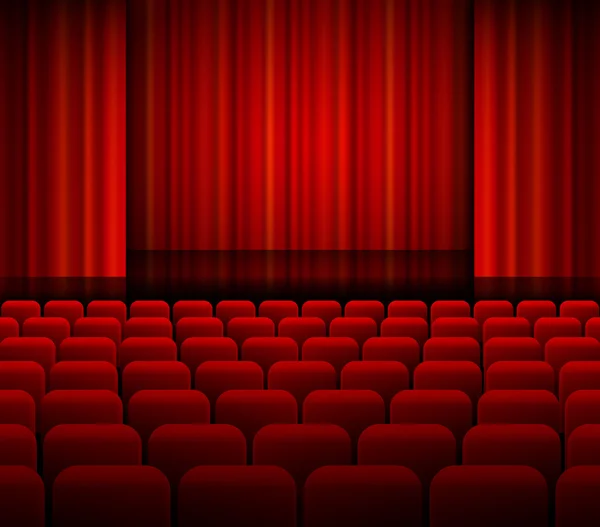 Open theater red curtains with light and seats. — Stock Vector