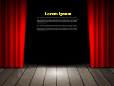 Theater stage with wooden floor and red curtains.  clipart