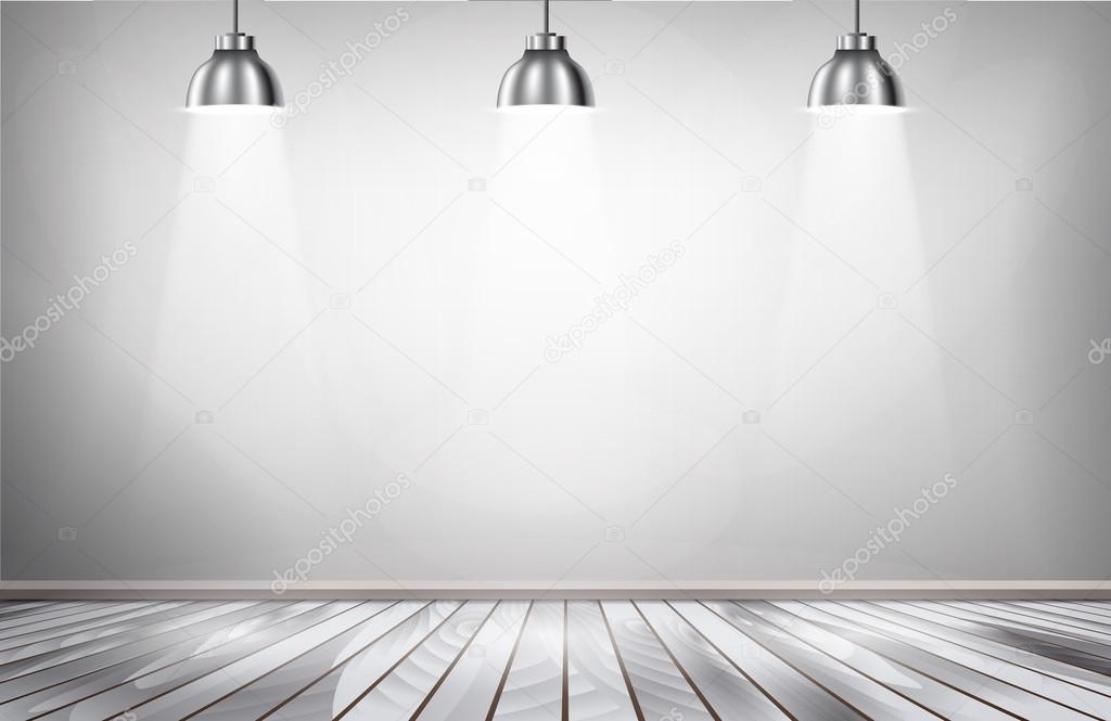 Grey room spotlights and wooden floor. 