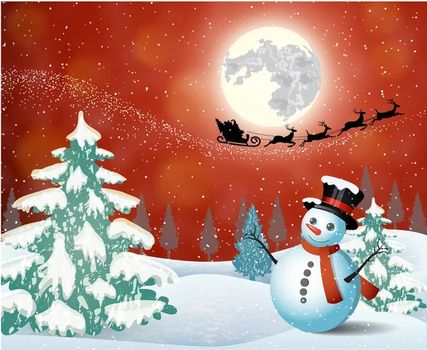 Cute snowman on the background of night sky — Stock Vector