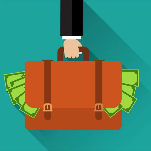 Бизнесмен держит в руках чемодан, полный денег — стоковый вектор