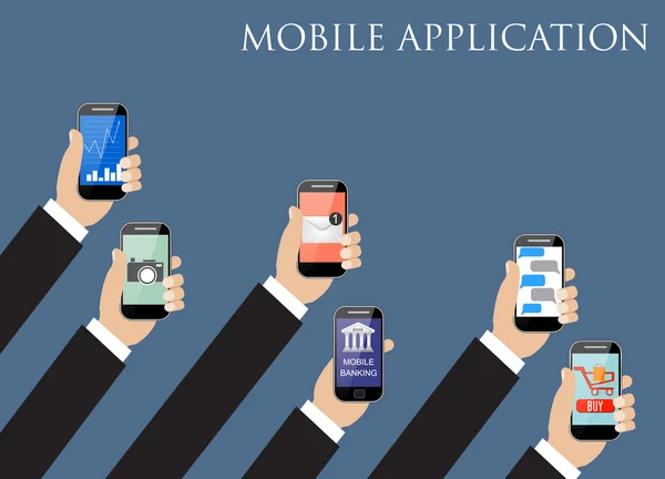 Concepto de aplicación móvil. Manos sosteniendo teléfonos . — Vector de stock