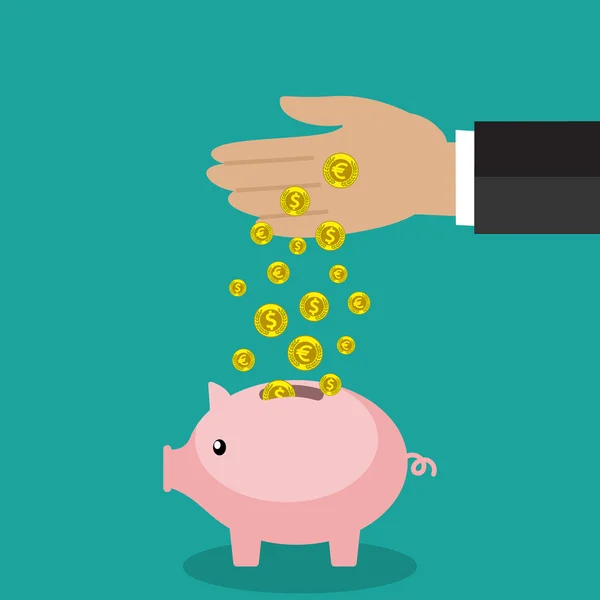 Business man hand zetten gouden munten in roze piggy — Stockvector