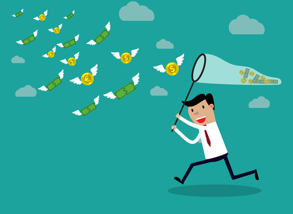 Бизнесмен, бегущий с деньгами бабочки

