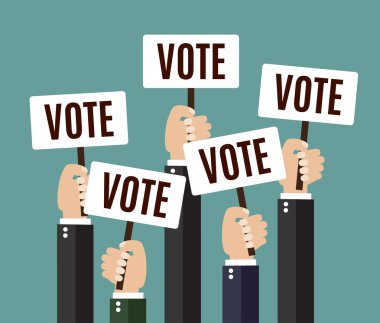 Businessmen holding a signboard with the word vote