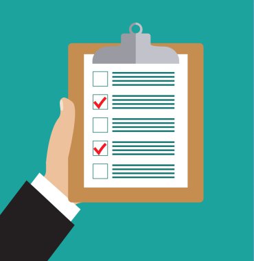 Hand holding clipboard with checklist and pencil.