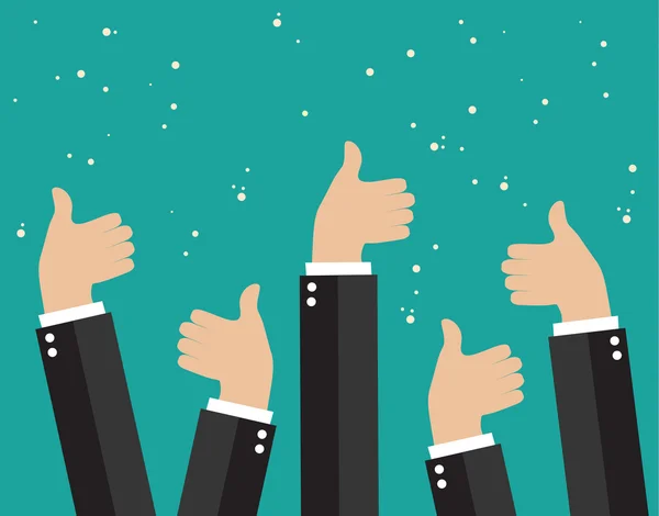 Cheering business people holding many thumbs — Stockvector