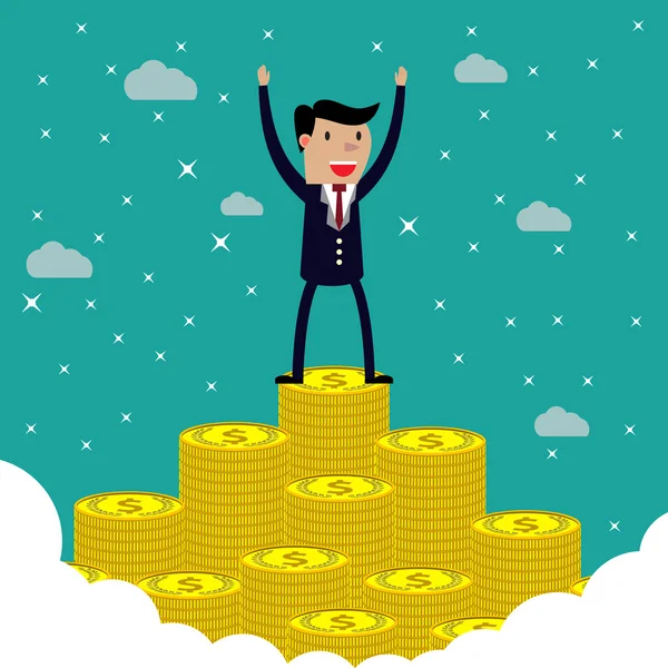 Businessman standing on the huge money staircase — Stock Vector