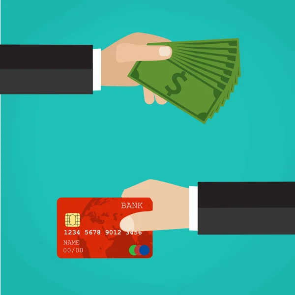 Main avec carte de crédit et main avec argent comptant . — Image vectorielle