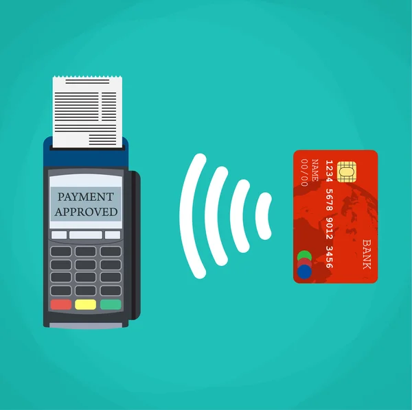 Τερματικό POS επιβεβαιώνει την πληρωμή με χρεωστική κάρτα. — Διανυσματικό Αρχείο