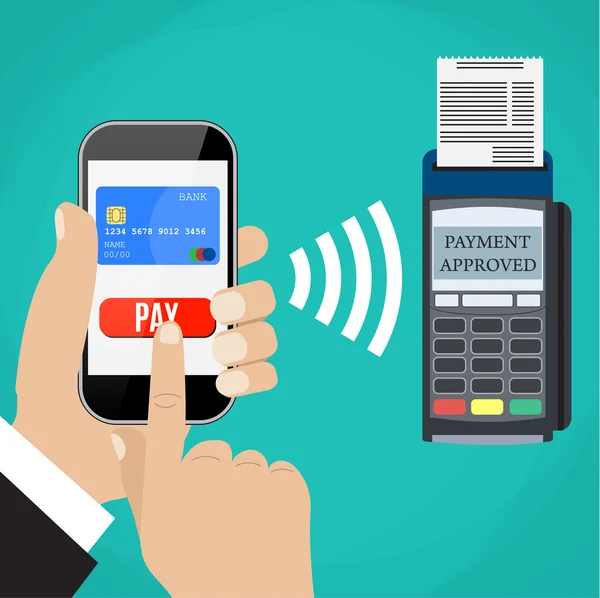 Τερματικό POS επιβεβαιώνει την πληρωμή από το smartphone. — Διανυσματικό Αρχείο