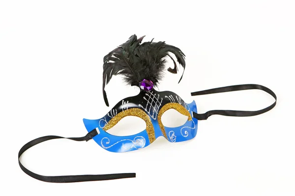 Blaue venezianische Maske mit Feder — Stockfoto