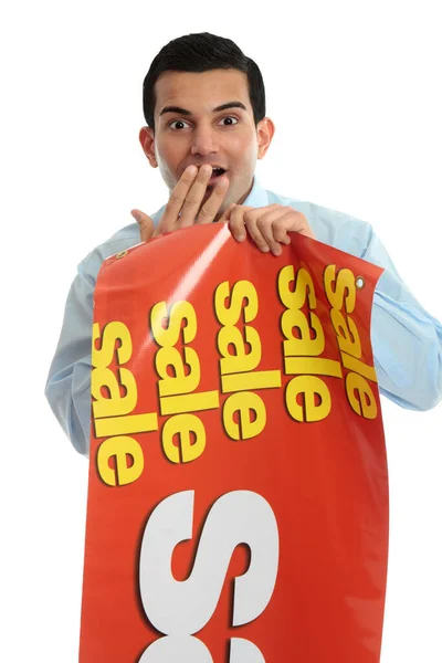 Shopkeeper Holding Sale Sign Banner Showing Surprised Look — Stock Photo, Image