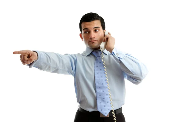 Hombre Negocios Teléfono Señalando Mensaje Dando Órdenes Fondo Blanco — Foto de Stock