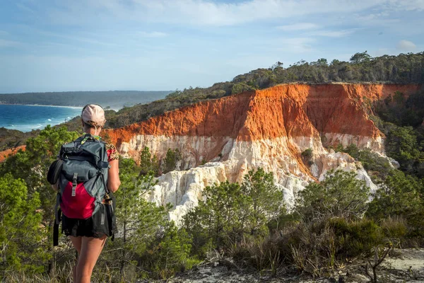 Een Vrouwelijke Reiziger Neemt Het Uitzicht Van Verbazingwekkende Pinnacles Formatie — Stockfoto