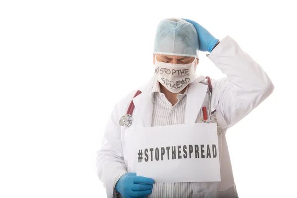 Overwhelmed Doctor Advising Stop Spread Infectious Virus Pandemic Sars Covid — Stock Photo, Image