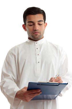 Ethnic business man writing  clipart