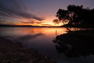 Dalgaların açtığı çamurlu mangrovların üzerinde duran günbatımının renkleri güneş battıktan sonra bile gün batımında hala canlı. Ağaçlardaki uzun pozlama hareketleri fırça darbelerine benzer.