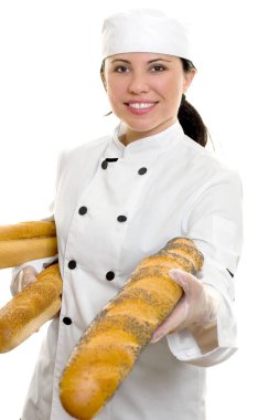 Gülümseyen dost canlısı şef ya da tohum ekmeği tutan yemek servisi çalışanı