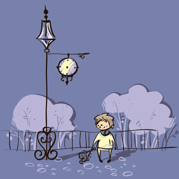 Векторна ілюстрація хлопчика, який чекає біля годинника . — стоковий вектор