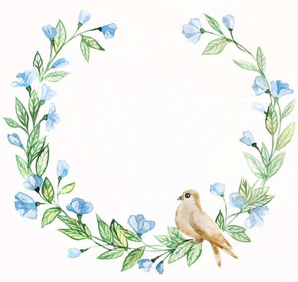 Watercolor spring wreath and bird — Stock Photo, Image