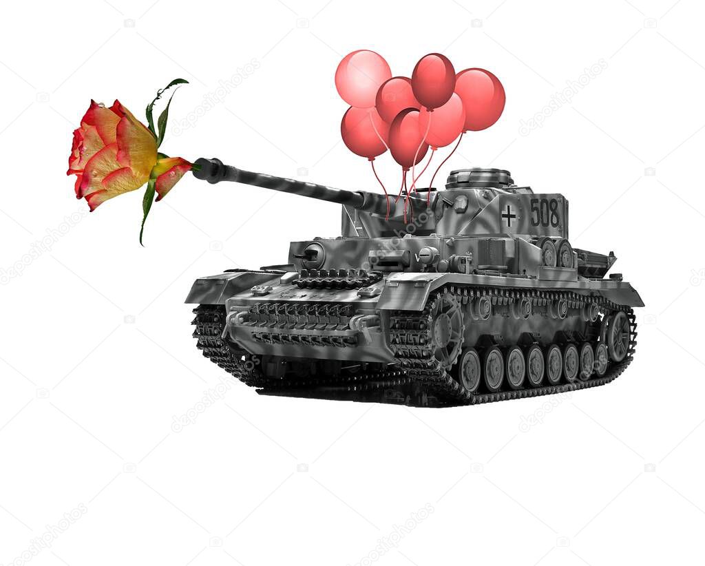 Panzer mit Blume und Luftballon