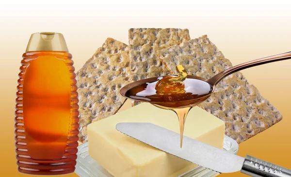 黄油加蜂蜜和面包 — 图库照片