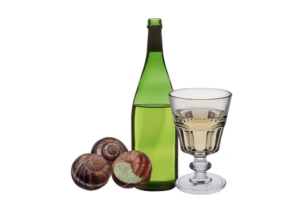 Weinbergschnecken Mit Weiwein Flasche Und Glas — Stock Photo, Image