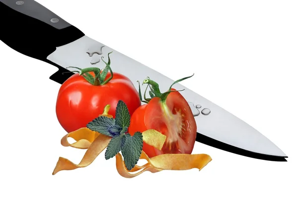 Tomatoes with knife — Stock Photo, Image