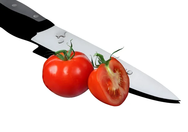 Fresh tomatoes with knife — Stock Photo, Image