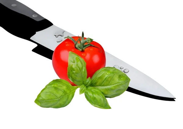 Fresh tomatoes with knife — Stock Photo, Image