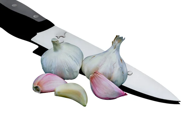 Fresh garlic with knife — Stock Photo, Image