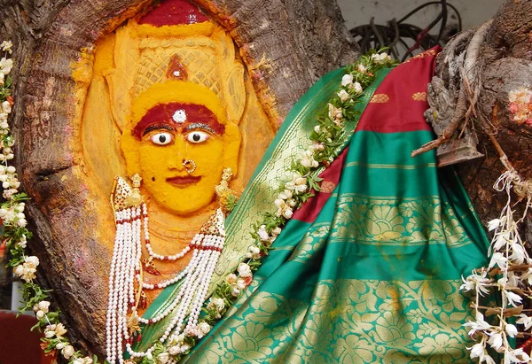 Indian Hindu people decorate neem tree as Goddess Durga and offer prayer — Stock Photo, Image