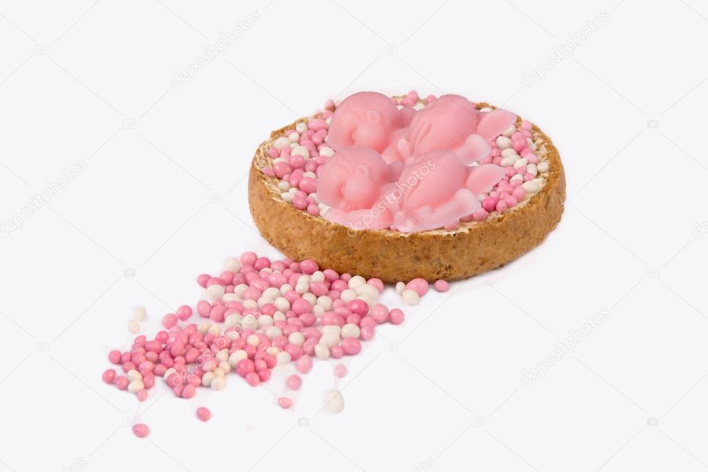 Rusk with pink mice for girl twins