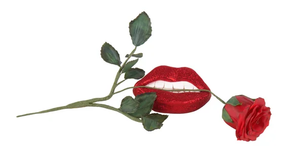 Rote Rose zwischen Zähnen und Lippen Stockfoto