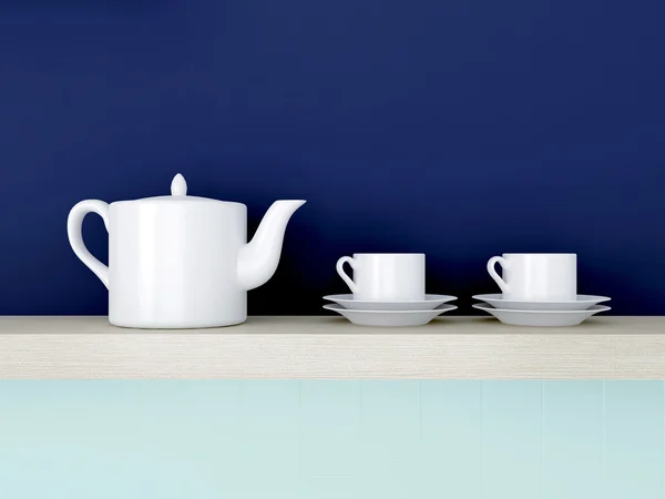 Ceramic kitchenware on shelf. — Stock Photo, Image