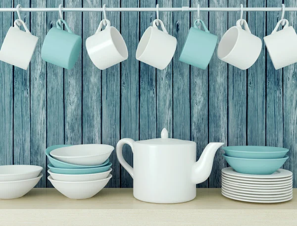 Ceramic kitchenware on the shelf. — Stock Photo, Image