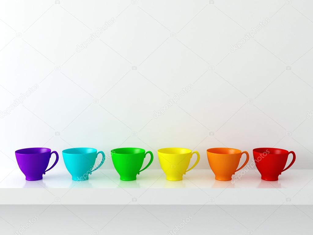 Rainbow cups on the shelf.