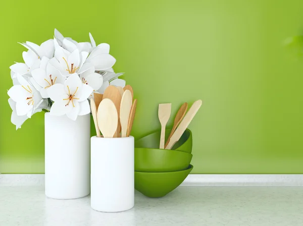 Wooden utensils and flowers. — Stock Photo, Image