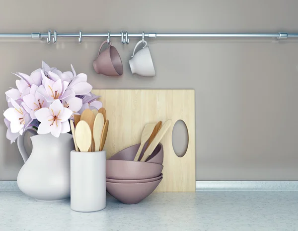 木製食器と花. — ストック写真