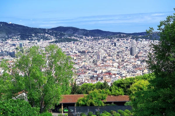 Montjuic 'ten Barselona şehrine tepeden bakan panoramik manzara. Önplanda yoğun binalar var.