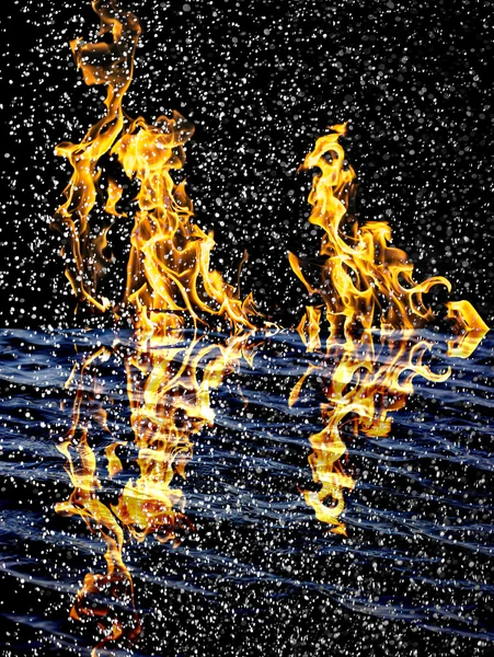 Snow on the fire background with reflection on water — Stock Photo, Image