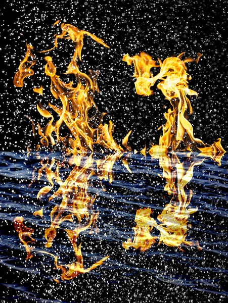 Snow on the fire background with reflection on water — Stock Photo, Image